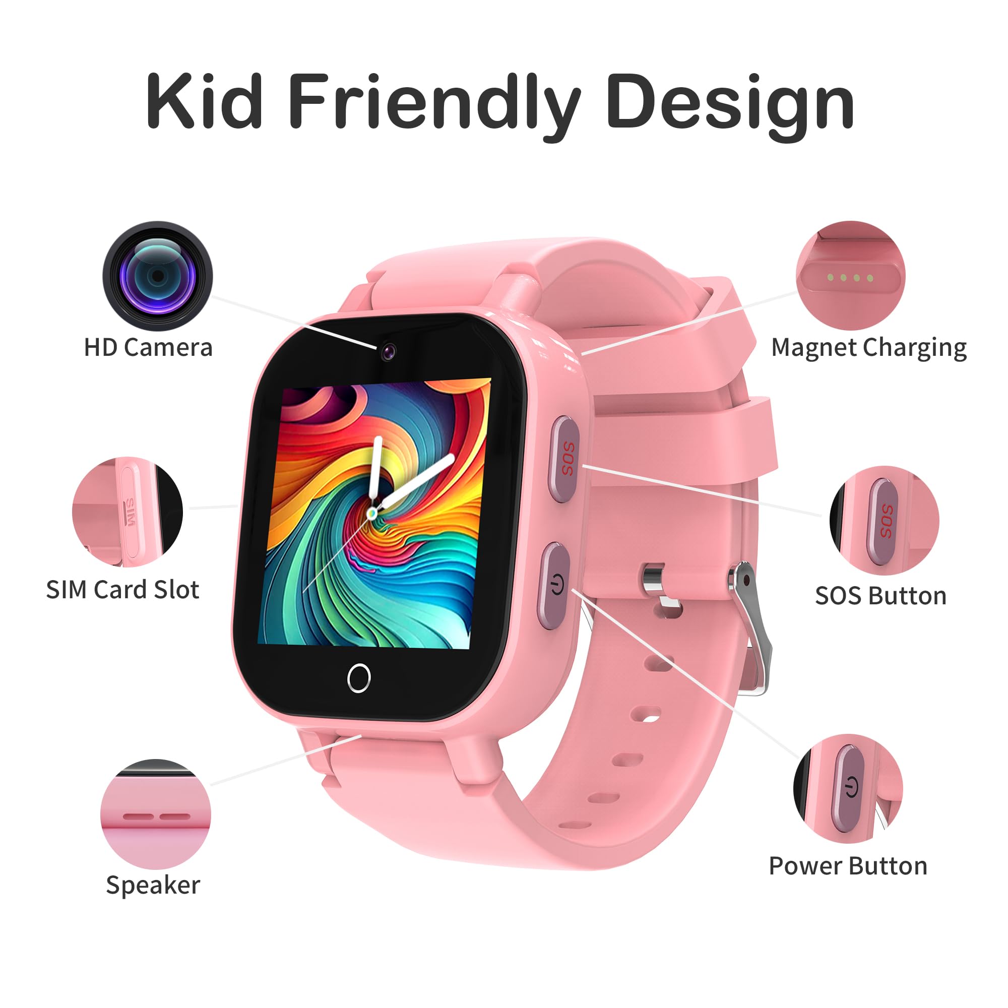 4G Kids Smart Watches Girls with GPS Tracker & Video Calling Texting, Kids Cell Phone Watch Age 4-12, Waterproof One-Key SOS Call Voice Chat Camera Alarm Pedometer GPS Tracker Watch for Kids Gift