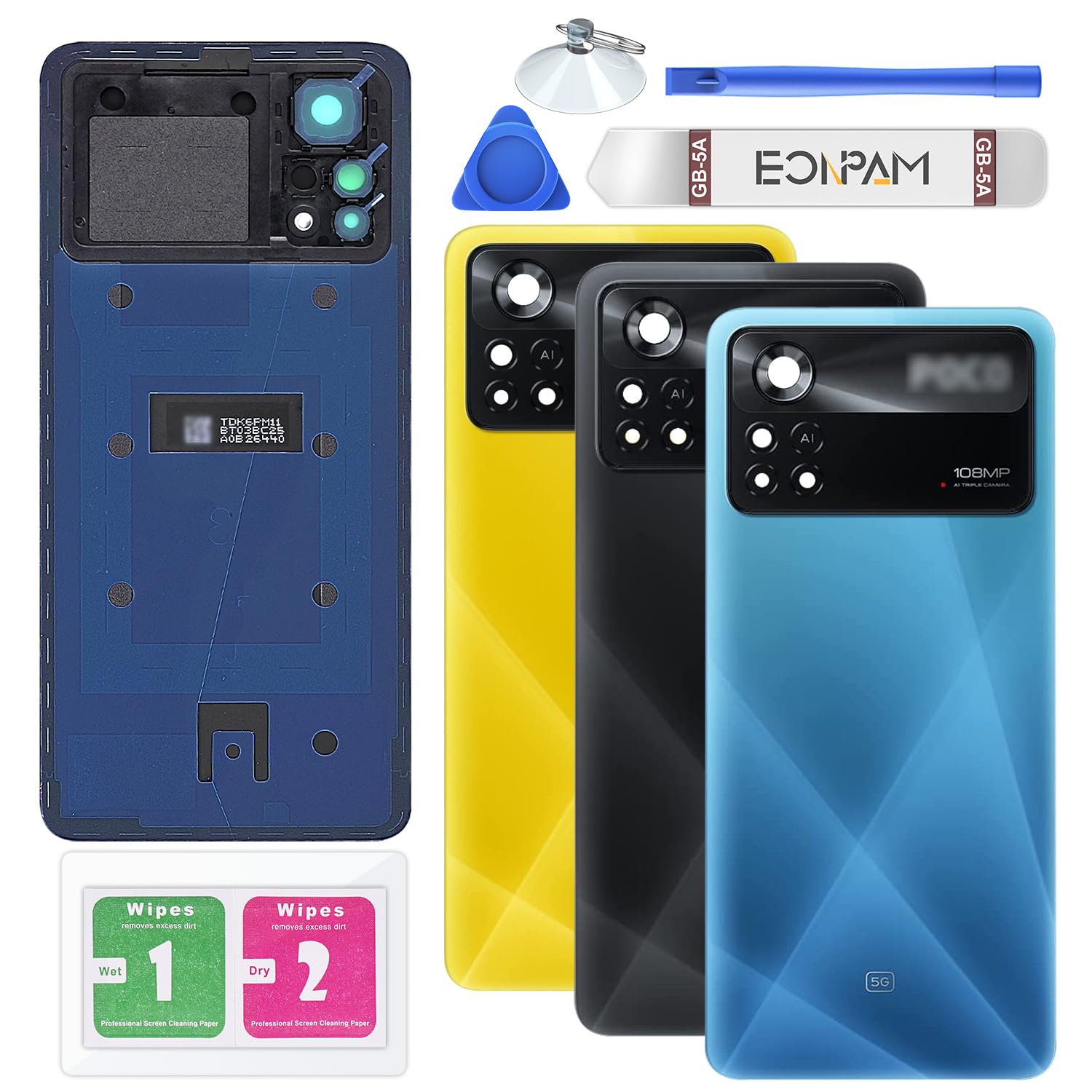 Eonpam Back Cover Glass for Xiaomi Poco X4 Pro 5G Rear Glass Replacement with Camera Lens + Repair Kit Genuine Rear Housing (Laser Blue)