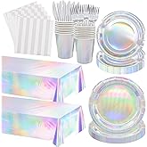 Poqirzan 146pcs Iridescent Party Supplies Iridescent Party Tableware Sets Serve 24 Guests Includes Holographic Paper Plates Cups Napkins Forks for Baby Bridal shower Mermaid Birthday Party
