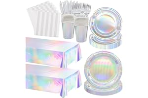 Poqirzan 146pcs Iridescent Party Supplies Iridescent Party Tableware Sets Serve 24 Guests Includes Holographic Paper Plates C