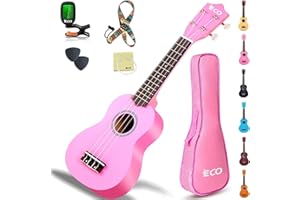 Soprano Ukulele Beginner Kit for Adult Kids 21 Inch Ukelele w/Songbook, Case, Strap, Tuner, Strings, Picks - Pink