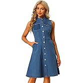 Allegra K Casual Denim Dress for Women's Button Down Sleeveless A-Line Midi Dress with Pockets