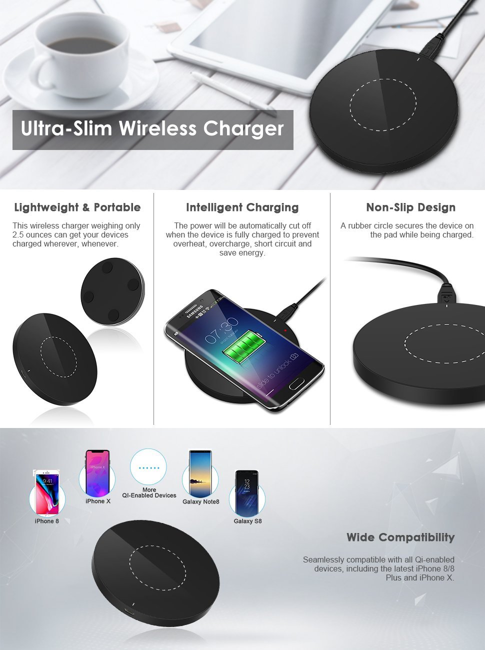 BETTERSHOP [QI-CERTIFIED]carica ricarica CARICABATTERIE PAD stazione wireless PER APPLE IPHONE 8 8 PLUS X - SAMSUNG GALAXY S6 S7 S8 S9 EDGE PLUS NOTE 5 8