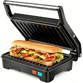 Panini Press Grill, Sandwich Maker with Non-Stick Coated Plates &amp; Removable Drip Tray, 3-in-1 Electric Sandwich Press Opens 180&deg; Flat, Stainless Steel Exterior with Overheat Protection,1000W, Black