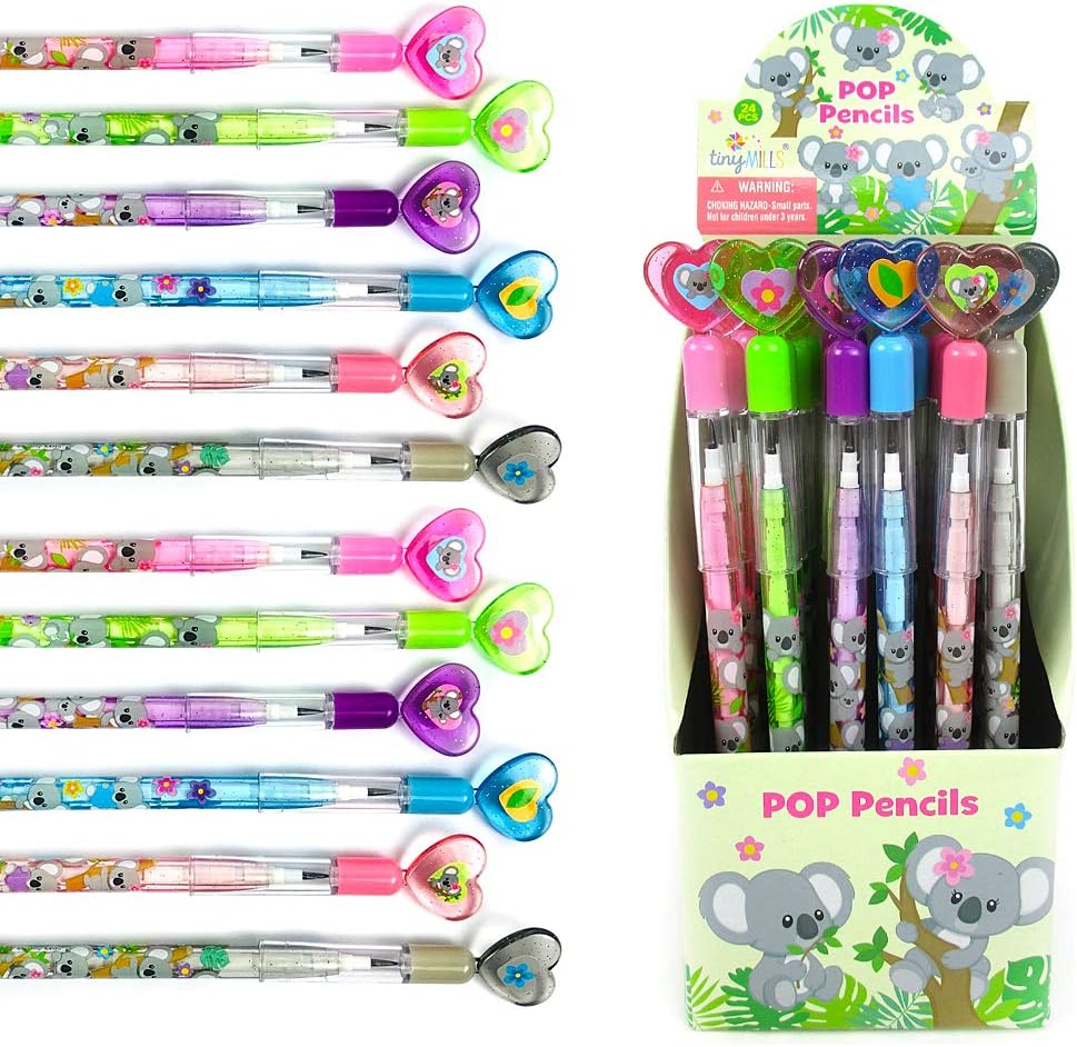 TINYMILLS 24 Pcs Koala Multi Point Stackable Push Pencil Assortment with Eraser for Koala Birthday Koala Party Favor Prize Carnival Goodie Bag Stuffers Classroom Rewards Pinata Fillers: Toys & Games