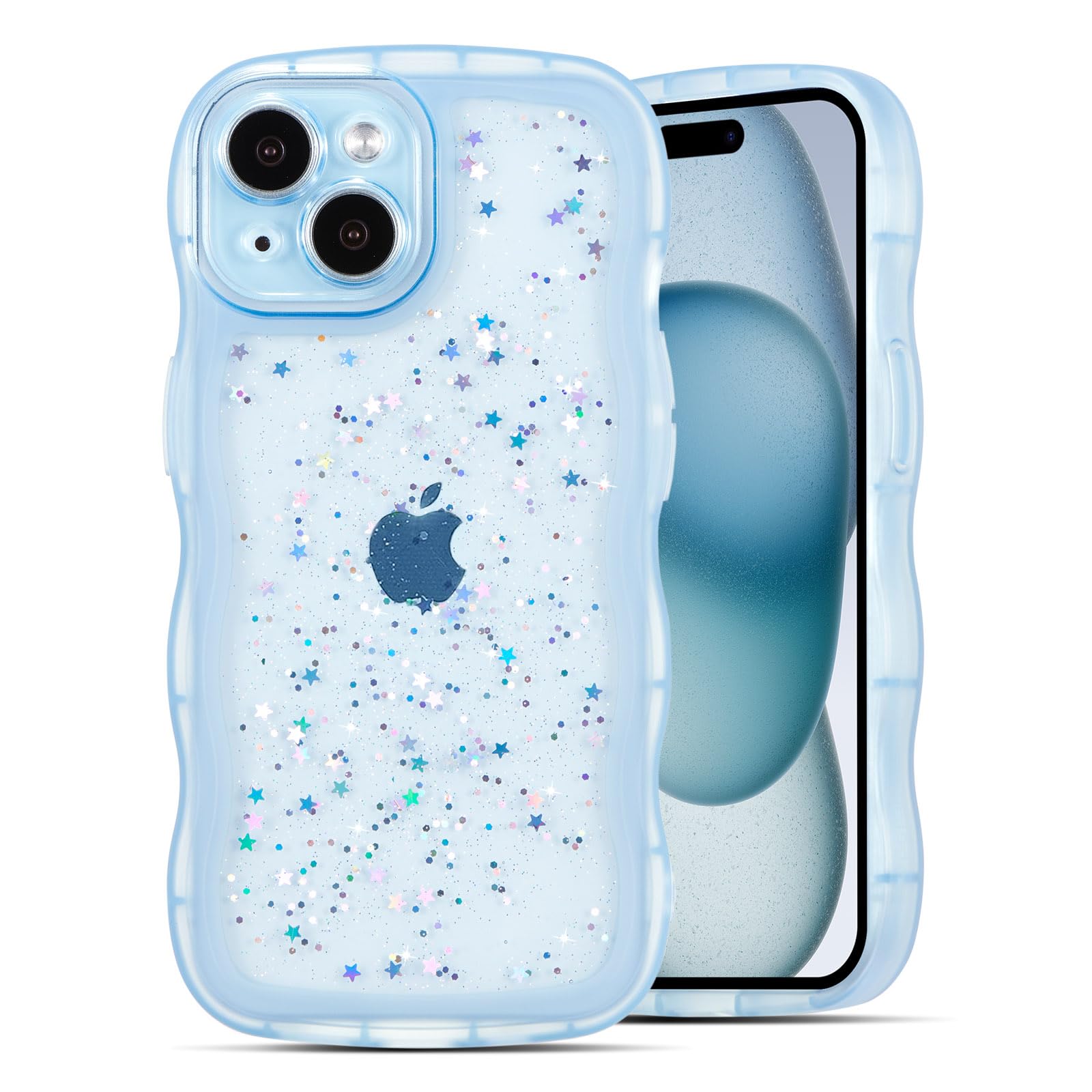 QLTYPRI Compatible with iPhone 15 Case, Cute Curly Wave Frame Clear Glitter Case for Girls Women, Sparkle Bling Soft TPU Bumper Transparent Shockproof Protective Phone Cover for iPhone 15 - Blue — image 1