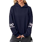 Livtany Women's Bow Trim Print Fleeced Hoodies Oversized Long Sleeve Hooded Sweatshirts Graphic Drop Shoulder Pullover Top