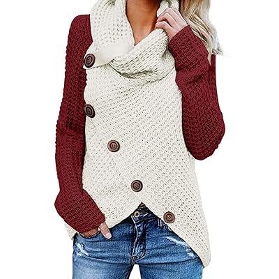 Asvivid Women's Chunky Button Turtle Cowl Neck Asymmetric Hem Wrap Pullover Sweater
