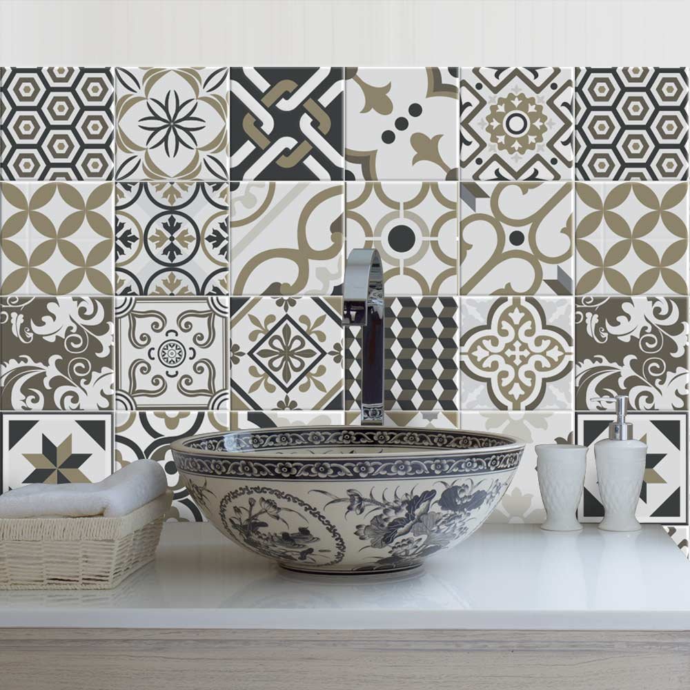 RE-COVERTILES - Tile Stickers for Bathroom and Kitchen 12 Pcs 15x15 cm - PS00081 Wall Decoration in Waterproof PVC Mosaic Tiles Style Azulejos Cement Tiles