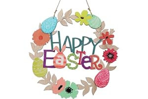 Wellsign Easter Wreath Decorations for Front Door Outdoor, 12 Inch 3D Wooden Easter Door Hanging Decor Flowers Egg Spring Wreaths with Happy Bunny Welcome Sign for Porch Wall Room Farmhouse