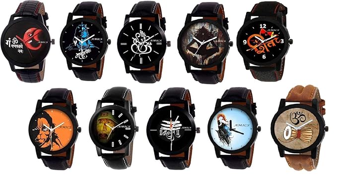 Amics New Stylish Mahakal-Shiv-Mahadev Watch| Ganpati Saibaba Shivay Print of 10 Leather Watch Combo for Men and...