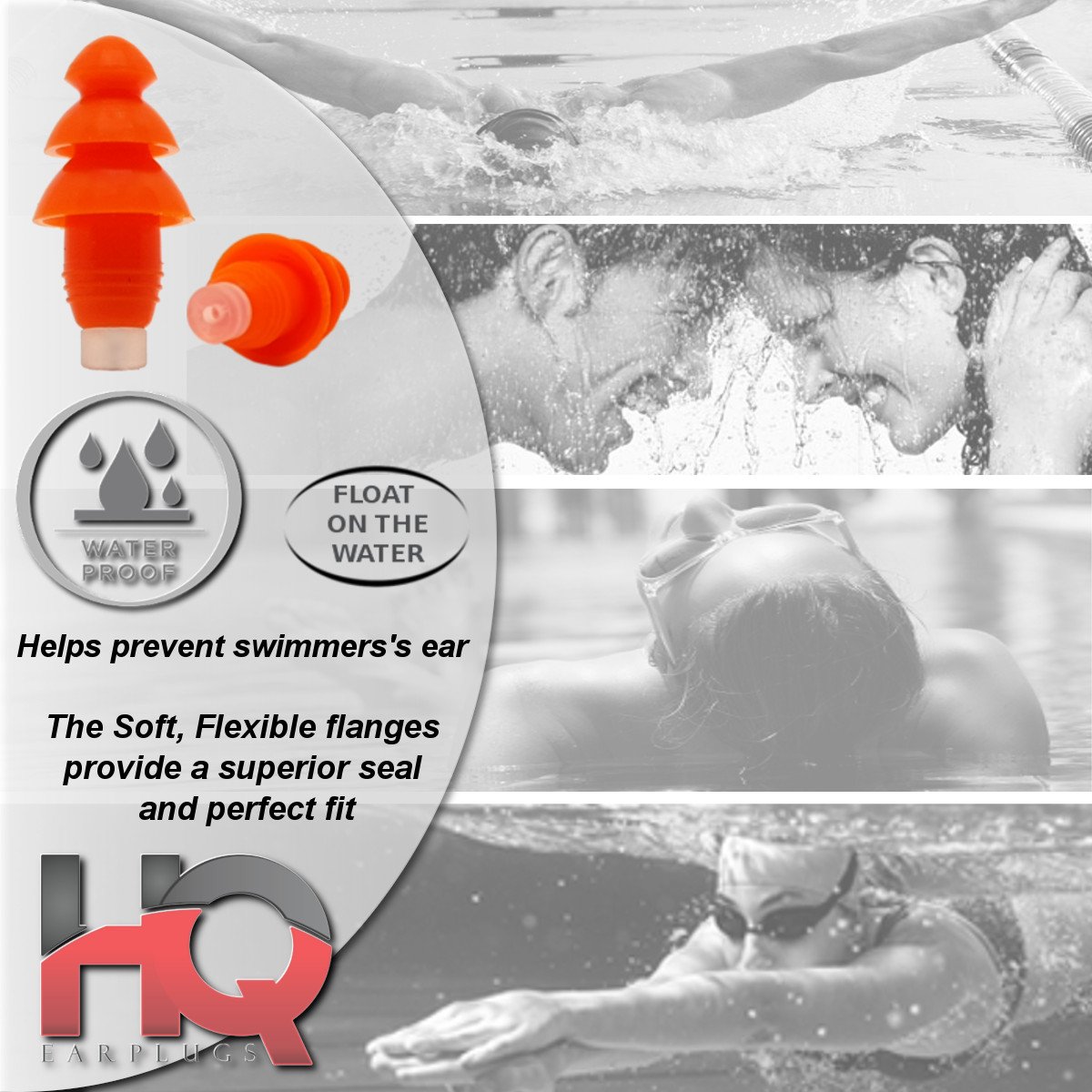 Soft Silicone Ear Plugs with Filter- Noise Cancelling & Hearing Protection By HQ Earplugs - NRR 25 to 29db – Water Block Ends – One Size Fits All (Orange)