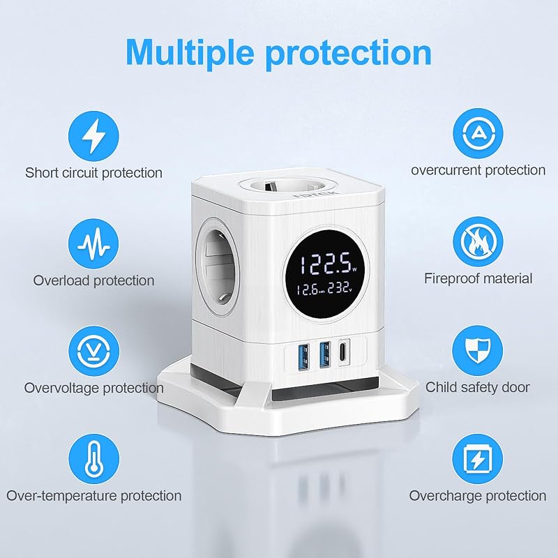 Regleta Enchufe Que Muestra la Potencia del Dispositivo, FDTEK Ladron Enchufe Que Muestra el Voltaje, Enchufe Cubo Que Muestra la Pérdida de Potencia., 4000W/16A, Blanco — foto 6 de 7