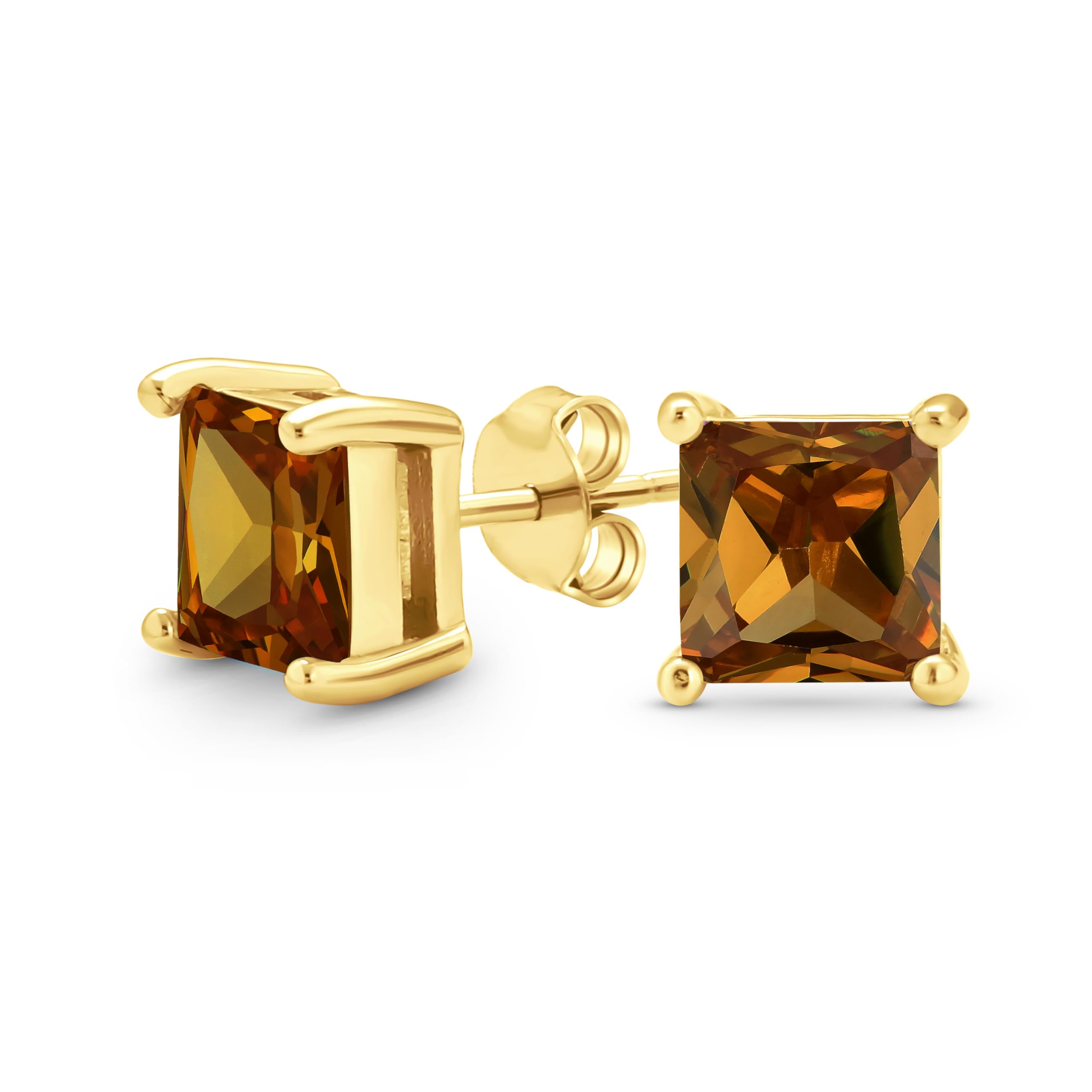Brown Cognac Square Cubic Zirconia Brilliant Princess Cut AAA CZ Stud Earrings Gold Plated Sterling Silver 7MM — image 1