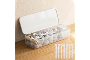PAVSTINE Cable Organizer Storage Box with 7 Wire Ties,Desktop Cable Management Box with Lid,Power Cord Organizer with 7 Compartments for Office,Home,Desk Accessories Storage Stationery Supplies White