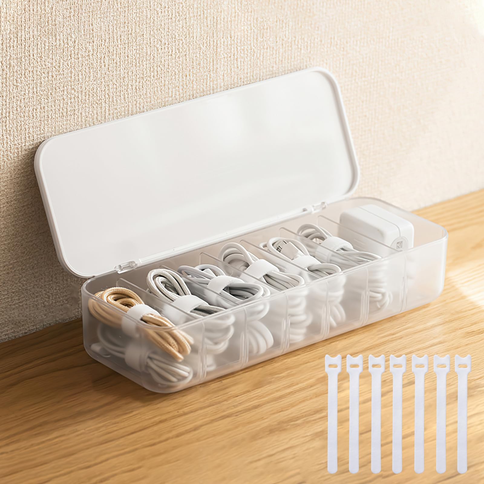 Photo 1 of *MINOR DAMAGE - USED*
PAVSTINE Cable Organizer Storage Box with 7 Wire Ties,Desktop Cable Management Box with Lid,Power Cord Organizer with 7 Compartments for Office,Home,Desk Accessories Storage Stationery Supplies White