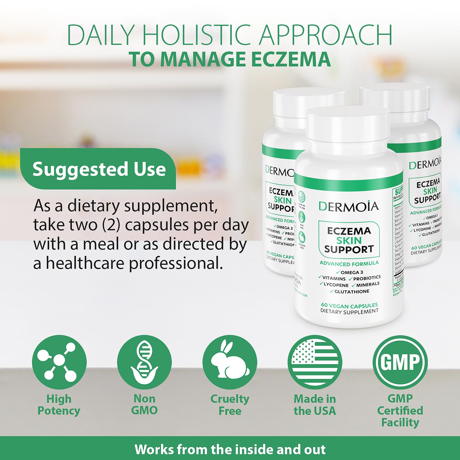 DERMOIA Eczema Supplements - Formulated Dyshidrotic Eczema Pills for Adults - Providing Eczema Relief, Targeting the Intervention of Eczema, Irritated Dry Skin, and Enhanced with Psoriasis Supplements