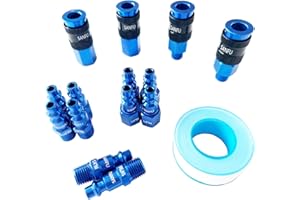 SANFU Air Hose Fittings, Aluminum AMT Universal Air Coupler and I/M Industrial Type Air Plug Kit, 1/4 Inch Threads Size, 1/4 Inch Body Size, 15 Pieces Air Compressor Accessories Fittings Kit(Blue)