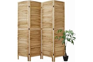 SVIMI Room Partitions and Dividers, Temporary Wall with Double Hinges, 5.6 Ft Tall Folding Louver Wood Screen for Home Office Bedroom Hotel Decoration (4 Panels, Wood Color)