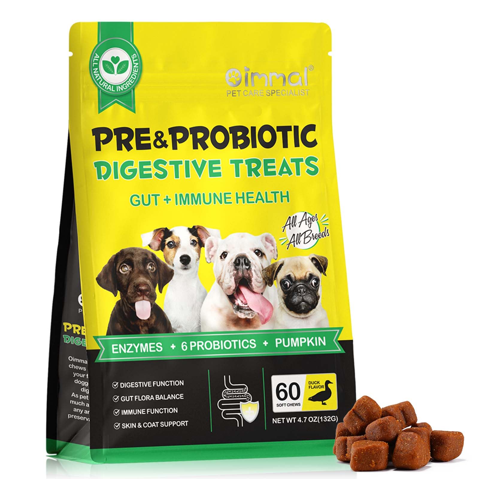 Probiotics for Dogs, 60 Count With Prebiotics & Probiotics for Normal Digestive Function, Duck Flavor, Suitable for All Dogs