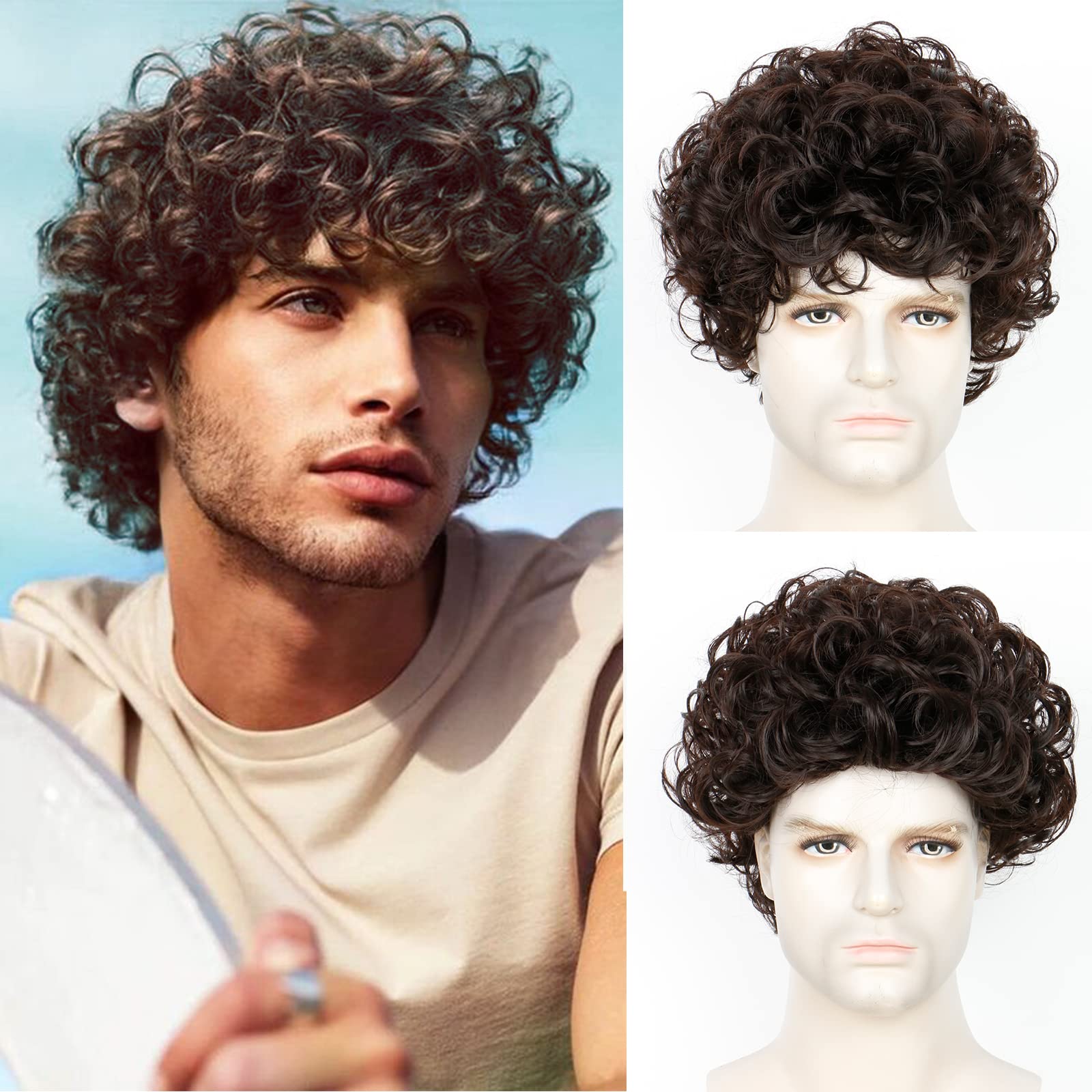 QUEENTAS Mens Wig Curly Hair Wigs for Men Short Hair Brown Wigs for Men Medium Length Synthetic Hair 70s 80s Disco Fancy Dress for Daily Use Party Halloween(Dark Brown) โ image 1