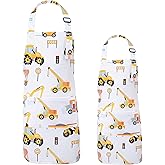GROBRO7 2Pcs Kids Adult Apron Set Gift, Construction Vehicle Pattern Adjustable Neck Strap Kitchen Family Aprons with 2 Pockets Waterproof Smocks for Baking Cooking Painting Training