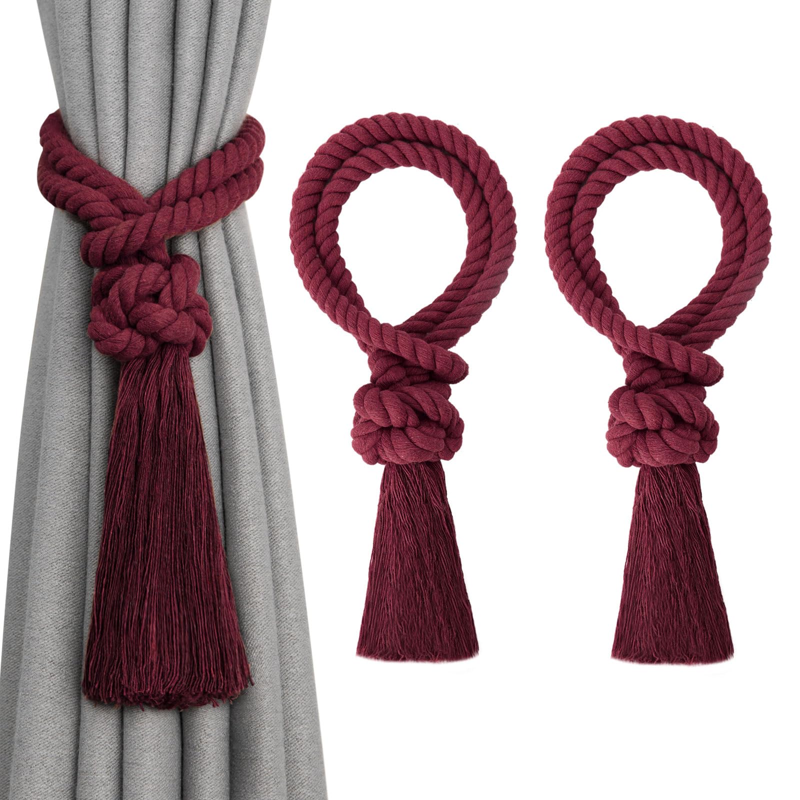 Pretty Jolly 2 Pack Natural Cotton Rope Tassel Curtain Tiebacks Boho Home Decor Drape Tie Backs Hand Woven Ball Curtain Holdbacks for Thin & Thick Home & Office Window Draperies (Wine Red)