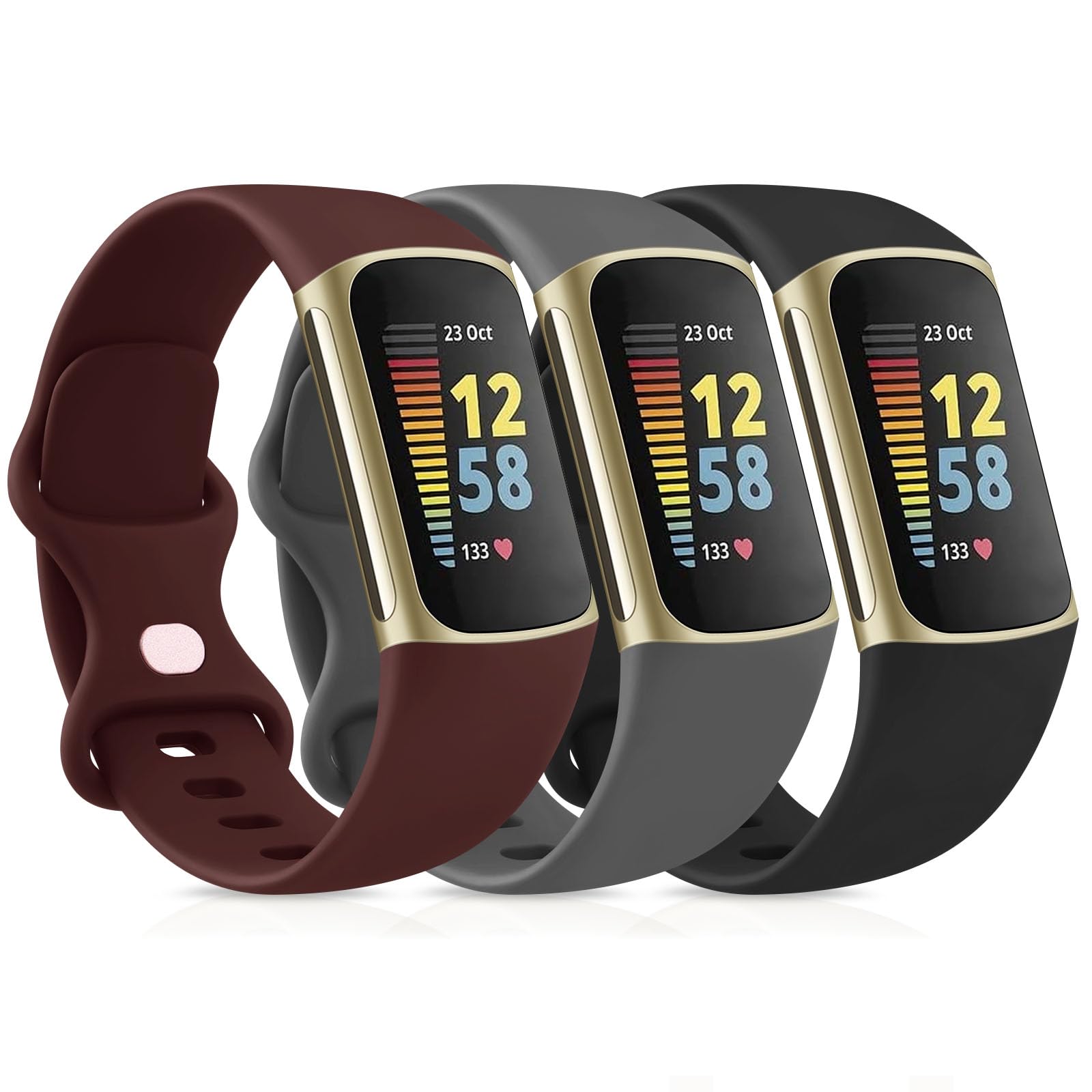 Pack 3 Straps Compatible with Fitbit Charge 5 Strap for Women Men,Soft Adjustable Sport Replacement Wristband Only for Fitbit Charge 5 Straps,Small Large (Small, Black/Gray/Red) — image 1