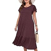 MONNURO Women Summer Causal Ruffle Short Sleeve T Shirt Maxi Beach Long Dress with Pockets