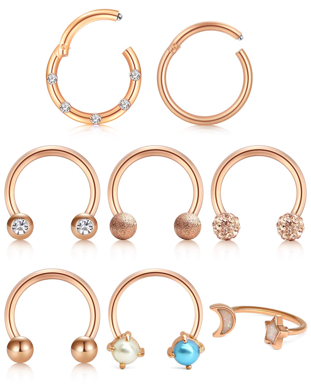 incaton Hoeseshoe Septum Rings 16G Surgical Stainless Steel Septum Piercings Clear CZ Opal Cartilage Daith Tragus Earrrings Clickers Piercing Jewelry