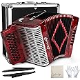 Accordion, 31 key 12 bass accordion, G/C/F Tone accordion, push-pull diatonic accordion, adult accordion with carrying case, strap, gloves and cleaning cloths (Red)
