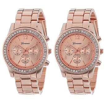 WILLTOO 2 Pack Geneva Rose Gold Plated Classic Round Ladies Boyfriend Watch