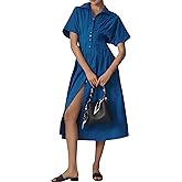 Dsewpaur Striped Button Pleated Shirt Maxi Dress for Women Summer Short Sleeve Collar V Neck Corset Long Dress
