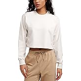 CRZ YOGA Womens Fleece Cropped Sweatshirts Crewneck Long Sleeve Double Raw Hem Workout Casual Pullover Tops