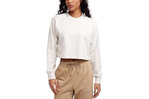 CRZ YOGA Womens Fleece Cropped Sweatshirts Crewneck Long Sleeve Double Raw Hem Workout Casual Pullover Tops