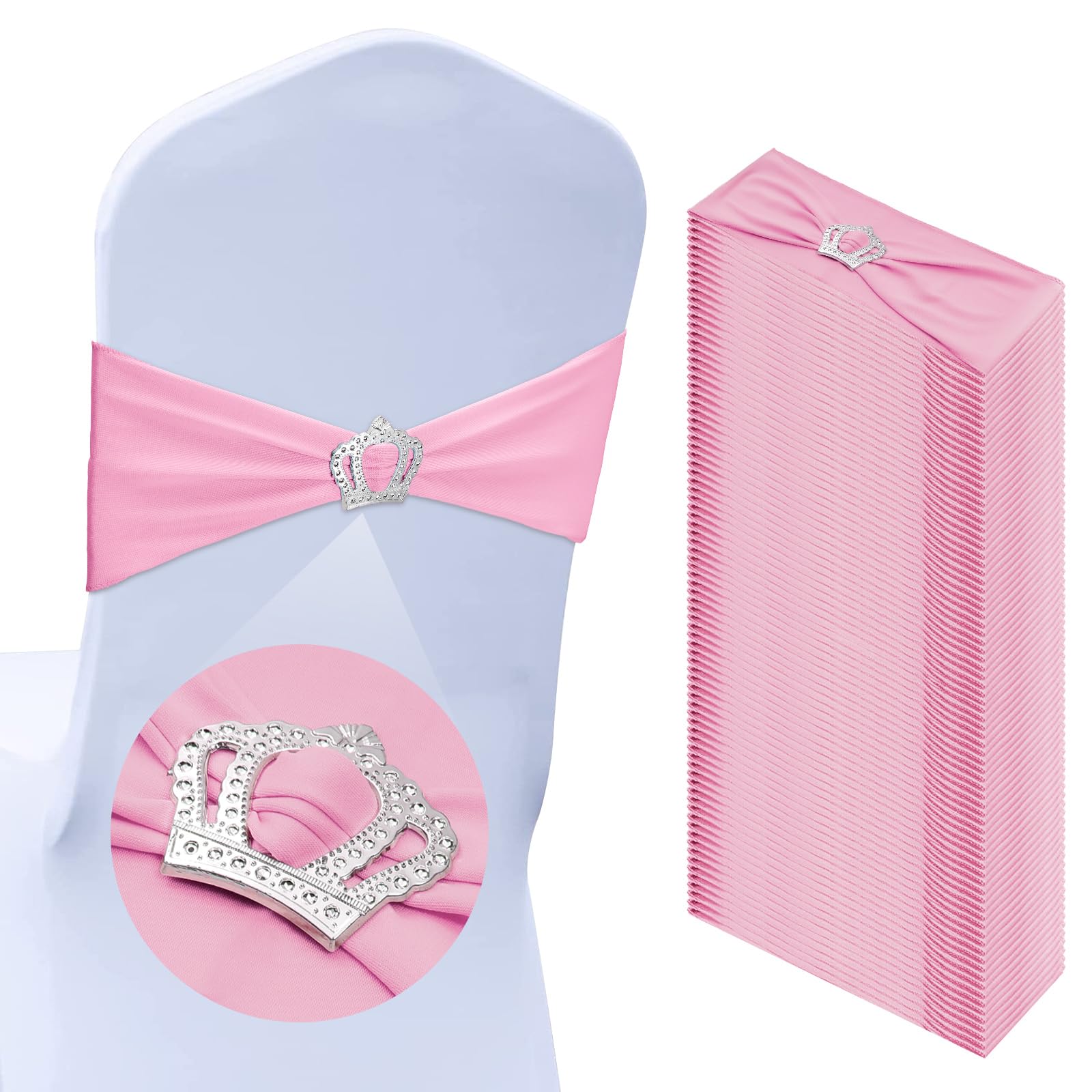 Photo 1 of 50 Pcs Stretch Chair Sashes with Crown Chair Sashes with Buckle Slider Wedding Elastic Cover for Party Bridal Baby Shower Ceremony Reception Banquet(Pink)