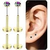 EQFE G23 Titanium Threadless Flat Back Earrings Stud 20G CZ Cartilage Stud Earrings Hypoallergenic 14K Gold Push in Pink Green Color AB CZ Nose Studs Tragus Helix Conch Lip Piercing for Women Men