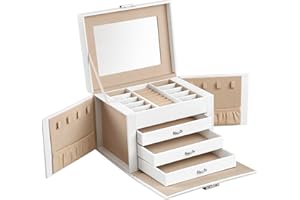 SONGMICS 4-Tier Jewelry Box, Lockable Jewelry Organizer, 3 Drawers, Travel Jewelry Case, White UJBC159W01