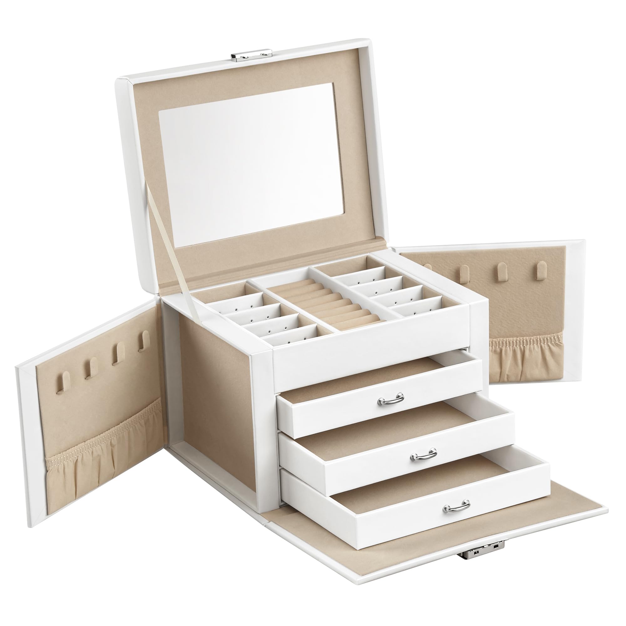 SONGMICS JBC159W01 4-Tier Jewellery Box with Handle, 3 Drawers, Jewellery Box with Mirror, Lock, Jewellery Storage, Christmas, Cloud White/Sand Beige