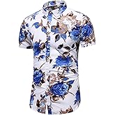 LEFTGU Men's Slim fit Floral Printed Beach Hawaiian Button-Down Dress Shirt
