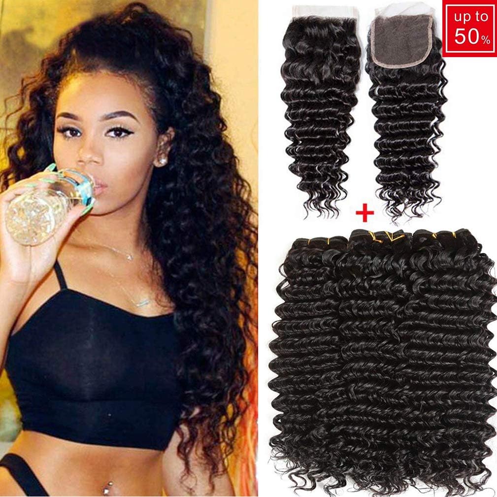 Peruvian Human Hair 3 Bundles With Closure Deep Wave Hair Bundles with 4x4 Free Part Closure 100% Unprocessed Virgin Human Hair Extensions Black Color (1618 20+14Free part closure)