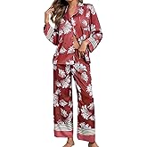Brosloth Womens Silk Pajamas Floral Satin Pj Sets Button Up Long Sleeve Comfy Soft Fall 2 Pieces Lounge Sets