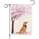 Louise Maelys Spring Garden Flag 12x18 Double Sided, Burlap Small Golden Retriever Dog Cherry Blossom Floral Yard for Seasonal House Holiday Decor