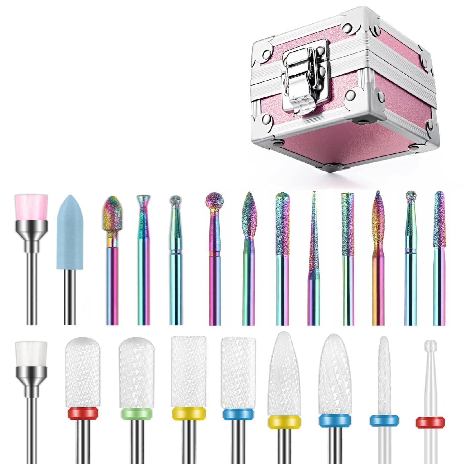 Depvko 25Pcs Nail Drill Bits Set with Portable Pink Case, 3/32 Inch Drill Bits for Nails, Ceramic Diamond Carbide Cuticle Nail Bits efile Nail Bits Remover Tool for Acrylic Gel Nail Polish, Home Salon