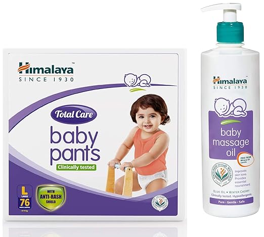 Himalaya Total Care Baby Pants Diapers, Large, 76 Count and Massage Oil (500ml) Combo