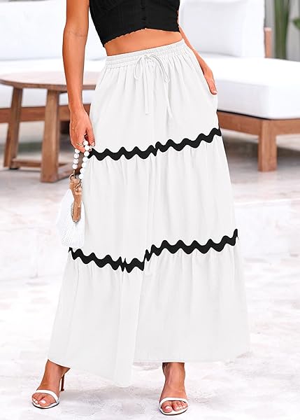 KIRUNDO WHITE SKIRT WOMENS 2024 SUMMER DRAWSTRING HIGH WAISTED FLOWY BOHO MAXI SKIRT CUTE A LINE BEACH SKIRT CRUISE VACATION OUTFITS FOR WOMEN(LARGE, WHITE)