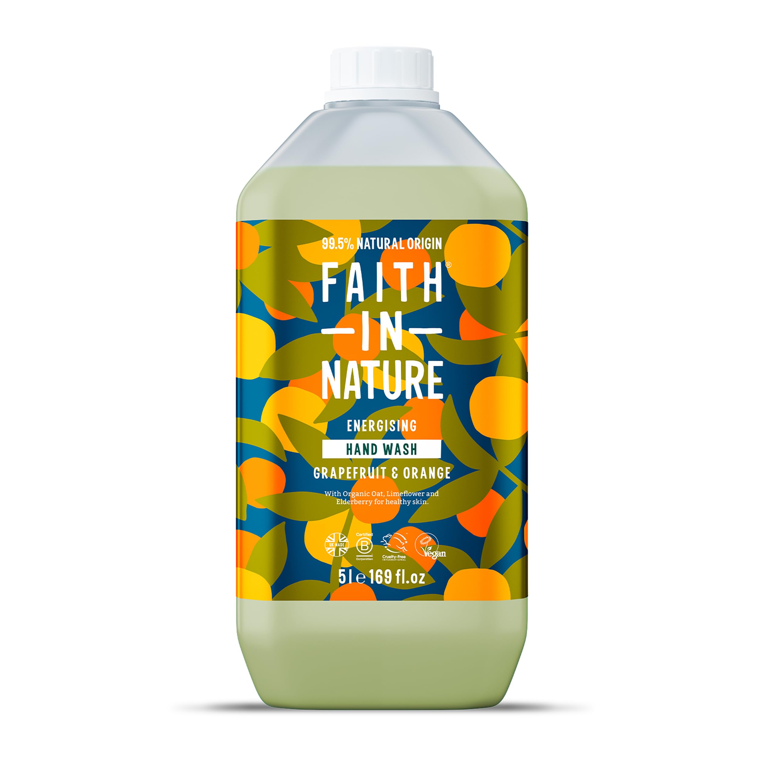 Faith In Nature Natural Grapefruit & Orange Liquid Hand Wash, Energising, Vegan & Cruelty Free, No SLS or Parabens, 5L Refill Pack