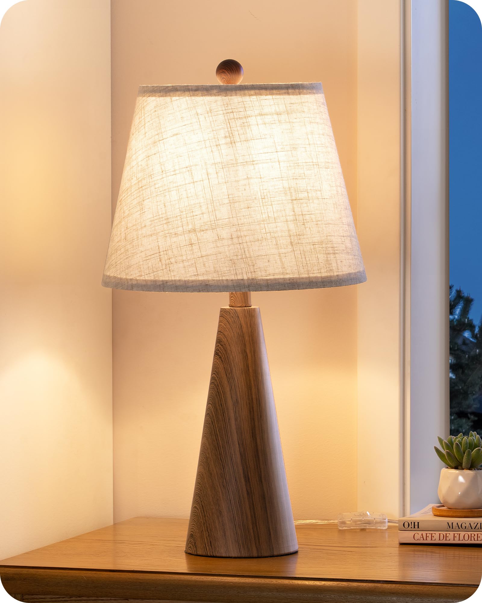 Photo 1 of EDISHINE 21.85" Farmhouse Table Lamp, Rustic Bedside Lamp, Water Transfer Walnut Wood Grain Metal Base, Beige Linen Shade, Minimalist Nightstand Light for Living Room, Bedroom, Office, E26 Base