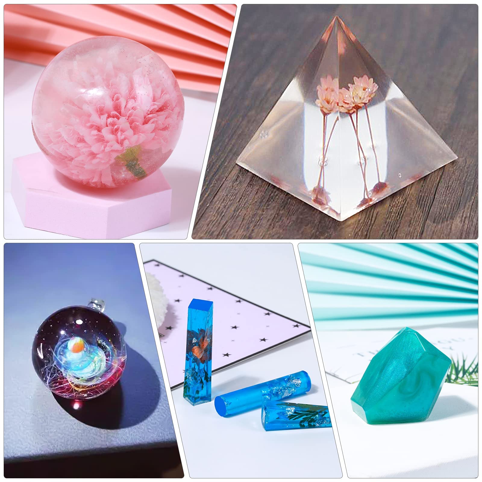 Silicone Resin Molds Kit 26PCS, Epoxy Molds, Large Casting with 12 Glitter Sequins for UV Casting, Including Sphere, Cube, Pyramid, Square, Coaster, Stone & Pendants