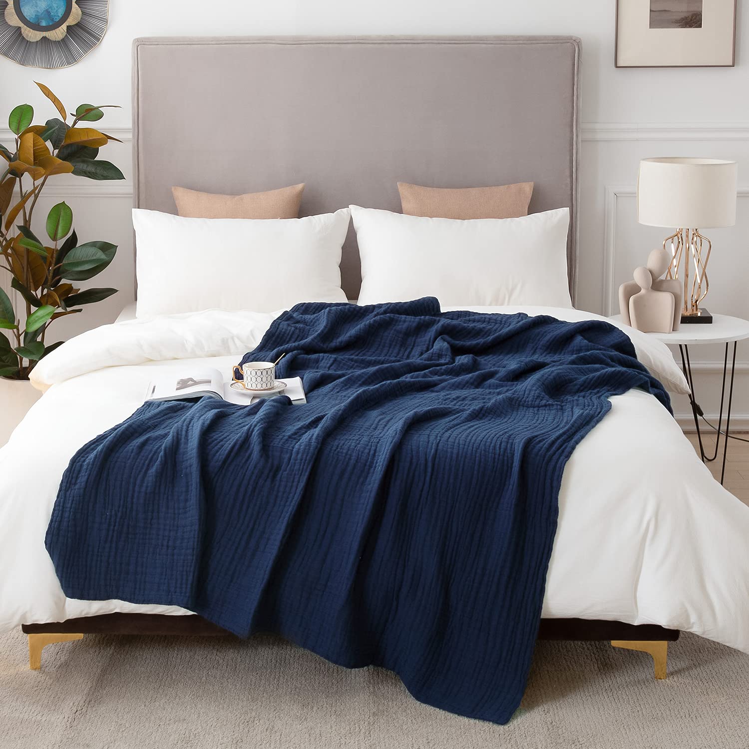 Photo 1 of EMME Cotton Blanket Queen Size for Bed Soft Large Muslin Bed Blankets 90"x90" Lightweight Breathable All Season Gauze Blanket, Navy